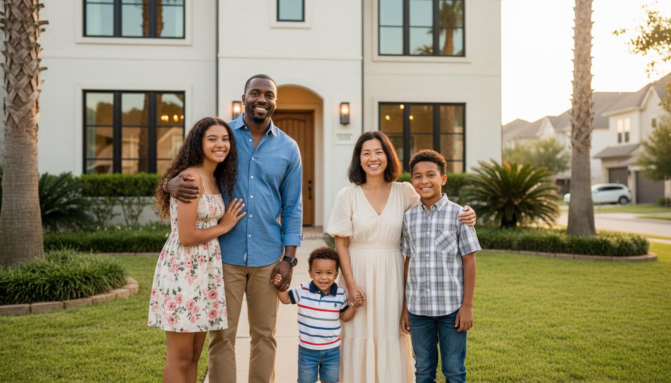 Happy family in front of their well-maintained Houston home