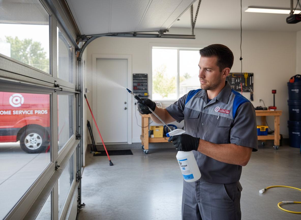 Technician lubricating garage door and moving parts