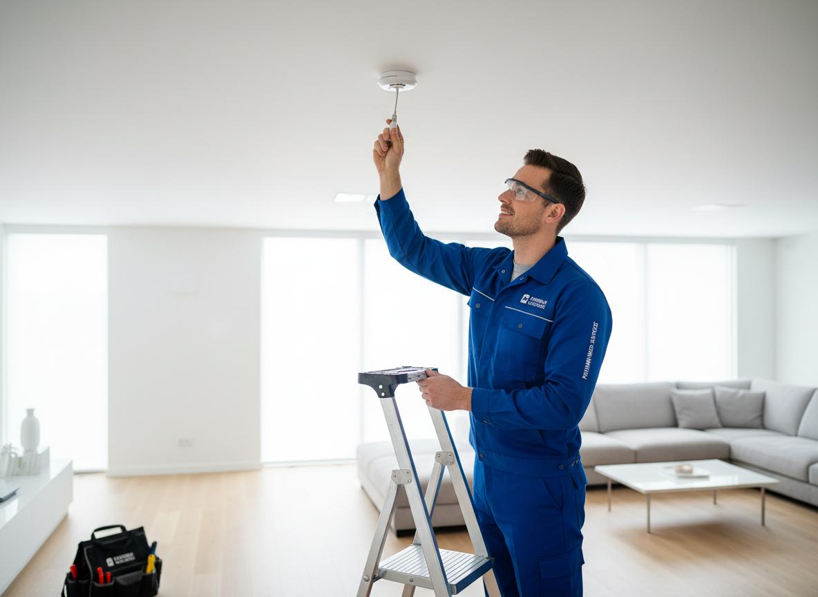 Technician checking smoke detector on ceiling